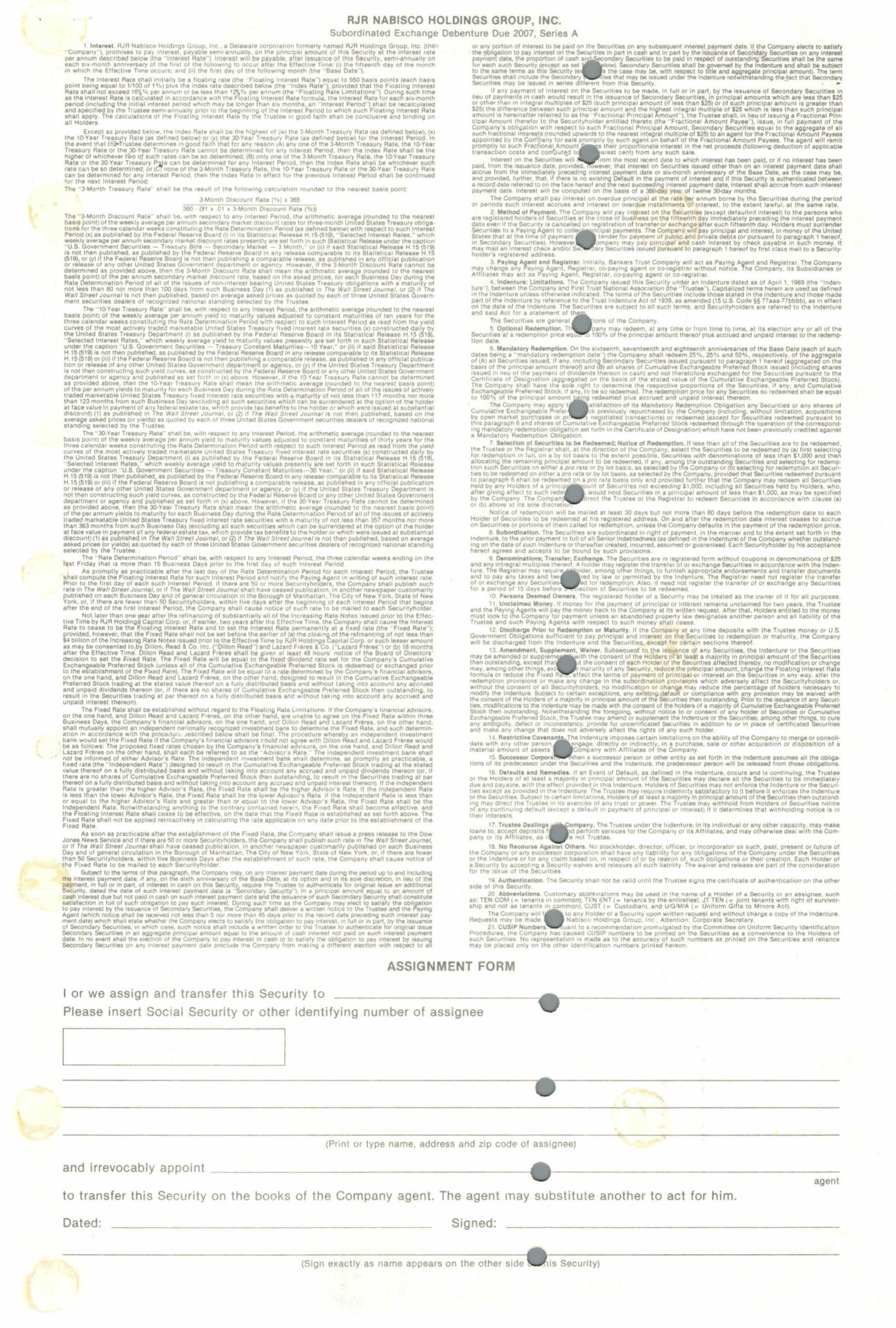 RJR Nabisco Holdings Group Debenture – 1990 Series A RJR Nabisco Holdings Group Debenture – 1990 Series A