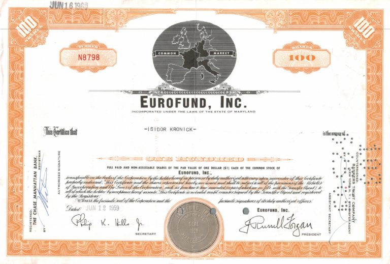 Eurofund, Inc. Share Certificate – 1959 Common Market Issue