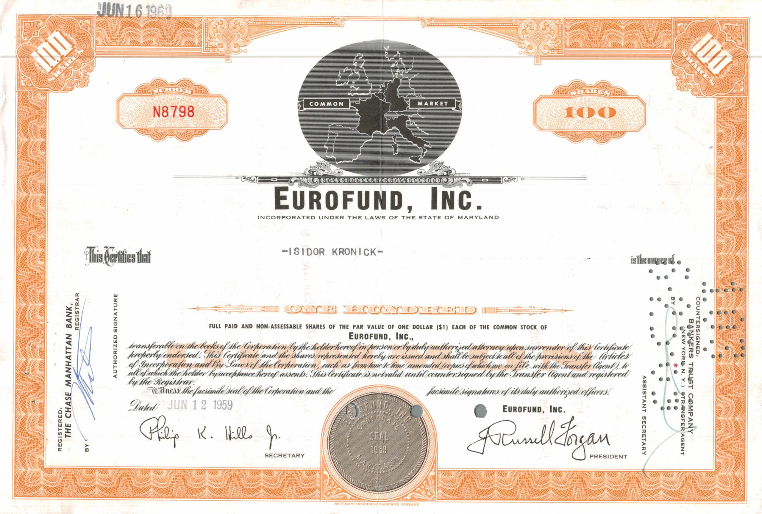 Eurofund, Inc. Share Certificate – 1959 Common Market Issue Eurofund, Inc. Share Certificate – 1959 Common Market Issue