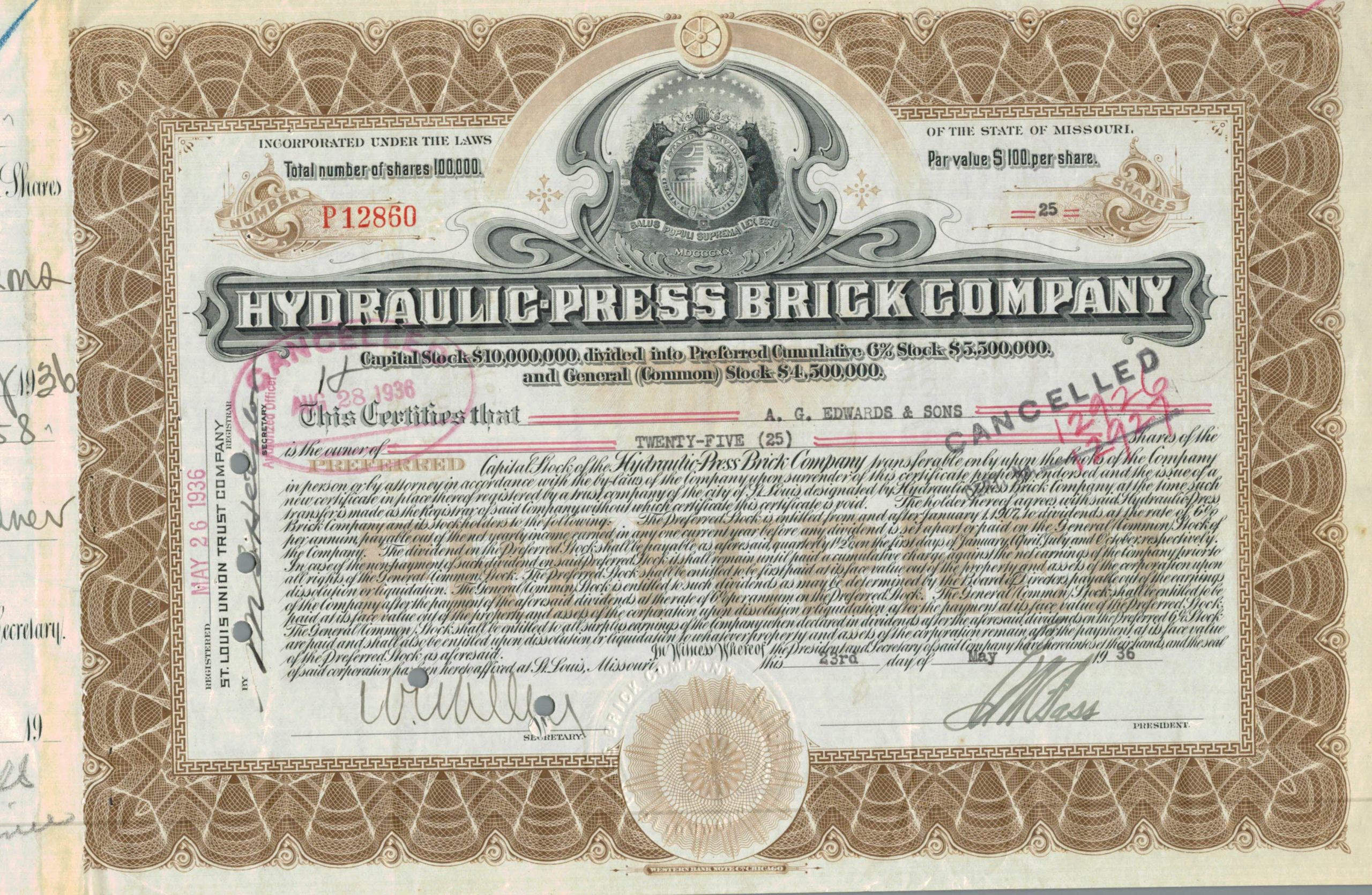 Hydraulic-Press Brick Company Share Certificate – Missouri, 1936