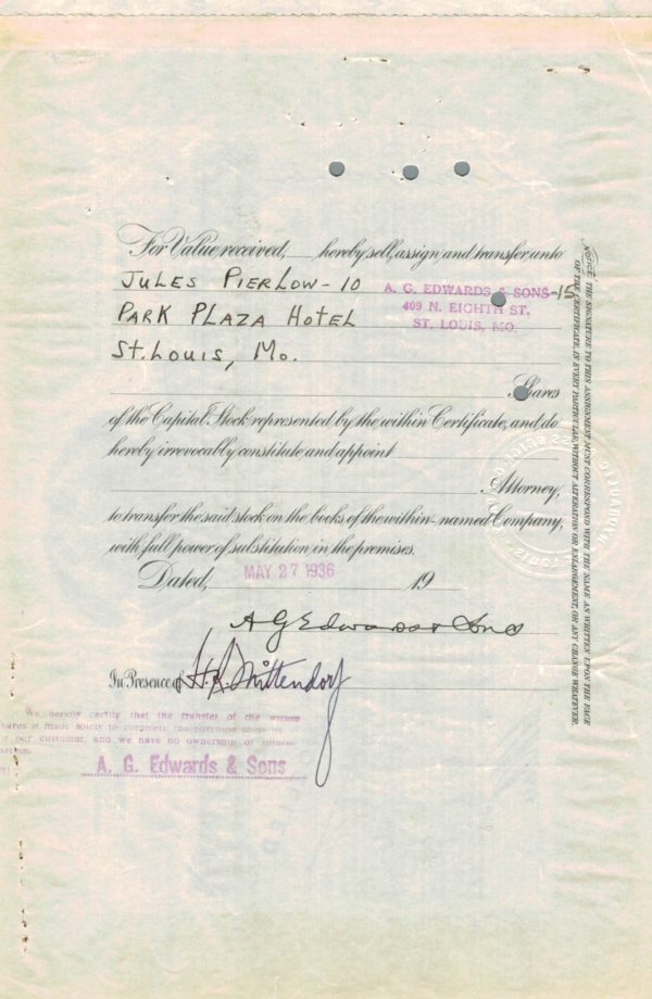 Hydraulic-Press Brick Company Share Certificate – Missouri, 1936 Hydraulic-Press Brick Company Share Certificate – Missouri, 1936