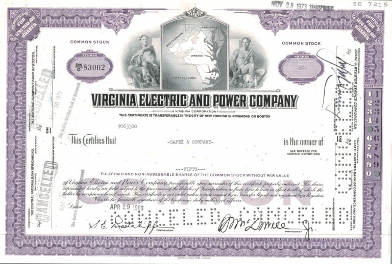 Virginia Electric and Power Company Share Certificate 1963 – 50 Shares