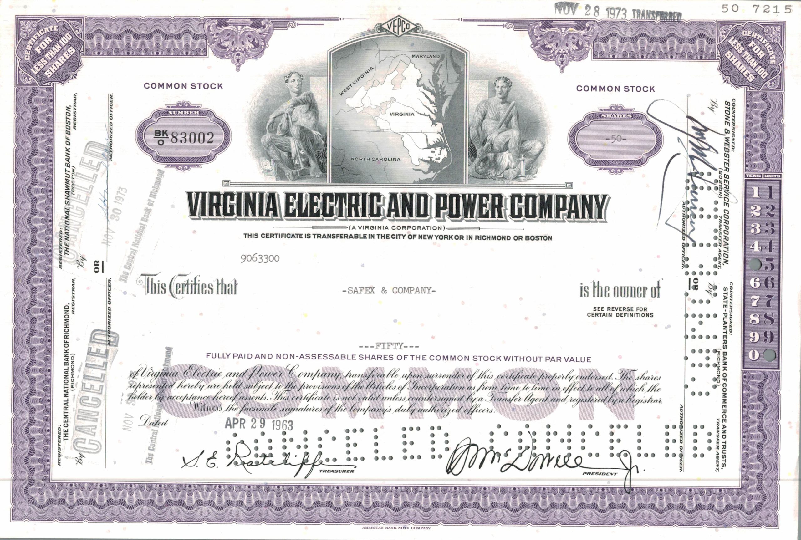 Virginia Electric and Power Company Share Certificate 1963 – 50 Shares Virginia Electric and Power Company Share Certificate 1963 – 50 Shares