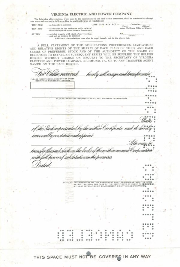 Virginia Electric and Power Company Share Certificate 1963 – 50 Shares Virginia Electric and Power Company Share Certificate 1963 – 50 Shares