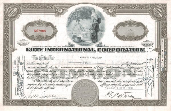 Coty International Corporation Share Certificate 1950 – 5 Shares Coty International Corporation Share Certificate 1950 – 5 Shares
