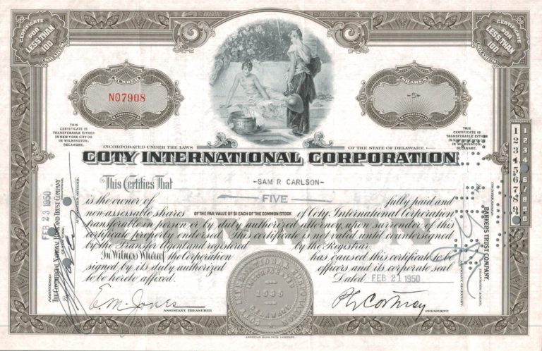 Coty International Corporation Share Certificate 1950 – 5 Shares