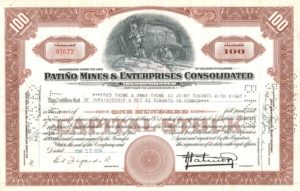 Patiño Mines & Enterprises Consolidated Share Certificate 1954 – 100 Shares