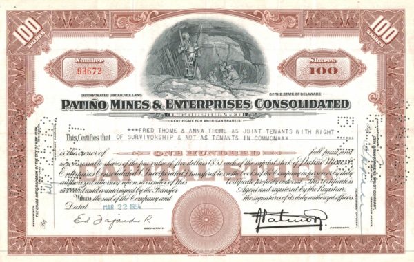 Patiño Mines & Enterprises Consolidated Share Certificate 1954 – 100 Shares Patiño Mines & Enterprises Consolidated Share Certificate 1954 – 100 Shares