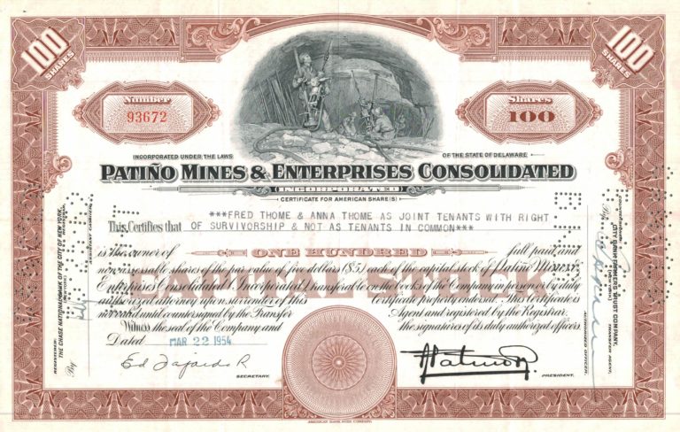 Patiño Mines & Enterprises Consolidated Share Certificate 1954 – 100 Shares