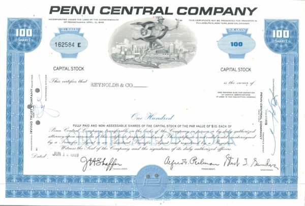 Penn Central Company Share Certificate 1969 – 100 Shares