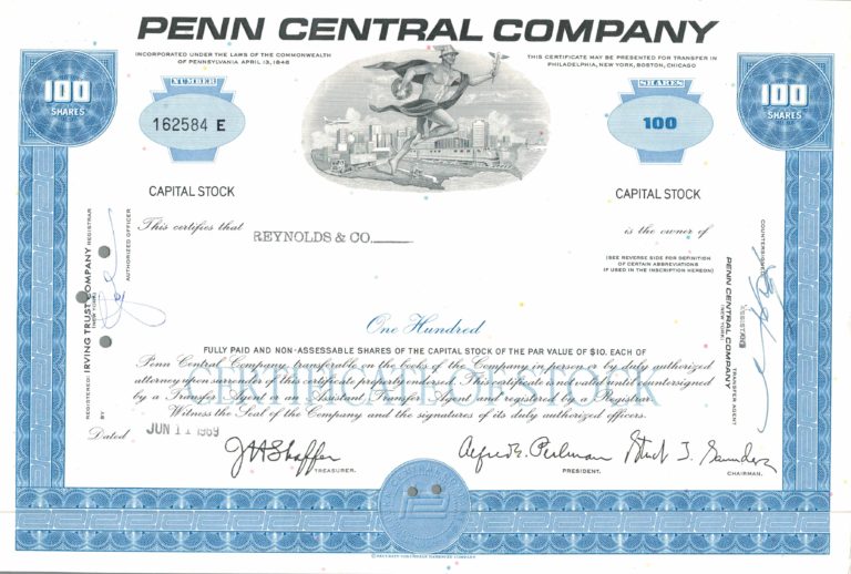 Penn Central Company Share Certificate 1969 – 100 Shares