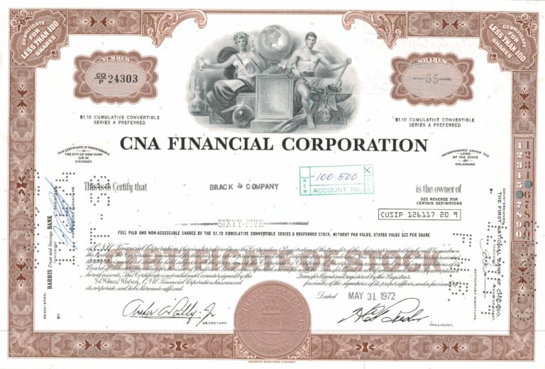 CNA Financial Corporation Share Certificate 1972 – 65 Preferred Shares
