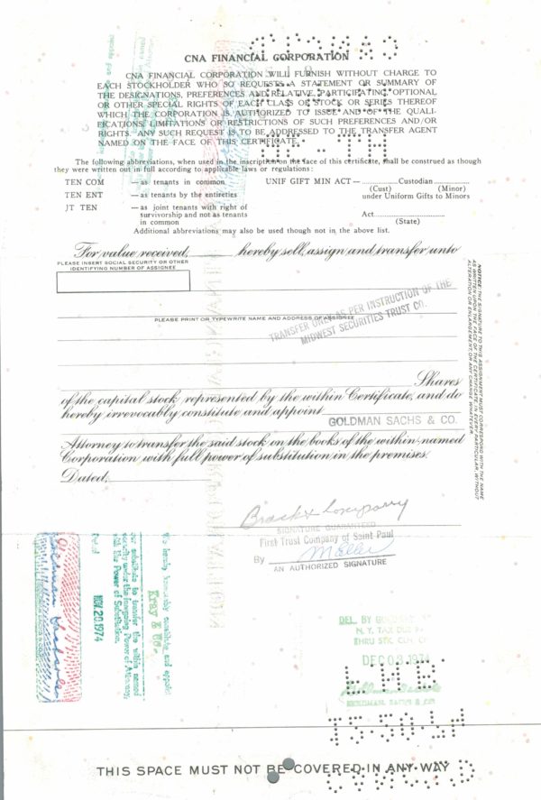 CNA Financial Corporation Share Certificate 1972 – 65 Preferred Shares CNA Financial Corporation Share Certificate 1972 – 65 Preferred Shares