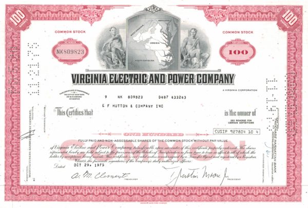Virginia Electric and Power Company Share Certificate 1975 – 100 Shares Virginia Electric and Power Company Share Certificate 1975 – 100 Shares
