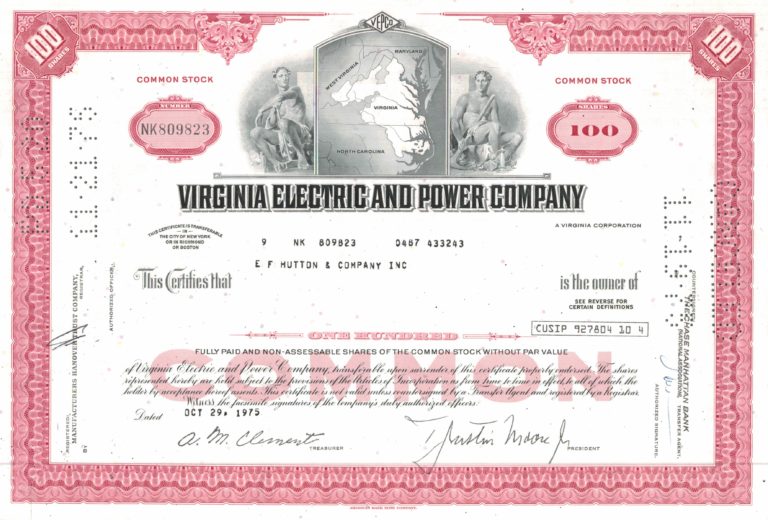 Virginia Electric and Power Company Share Certificate 1975 – 100 Shares