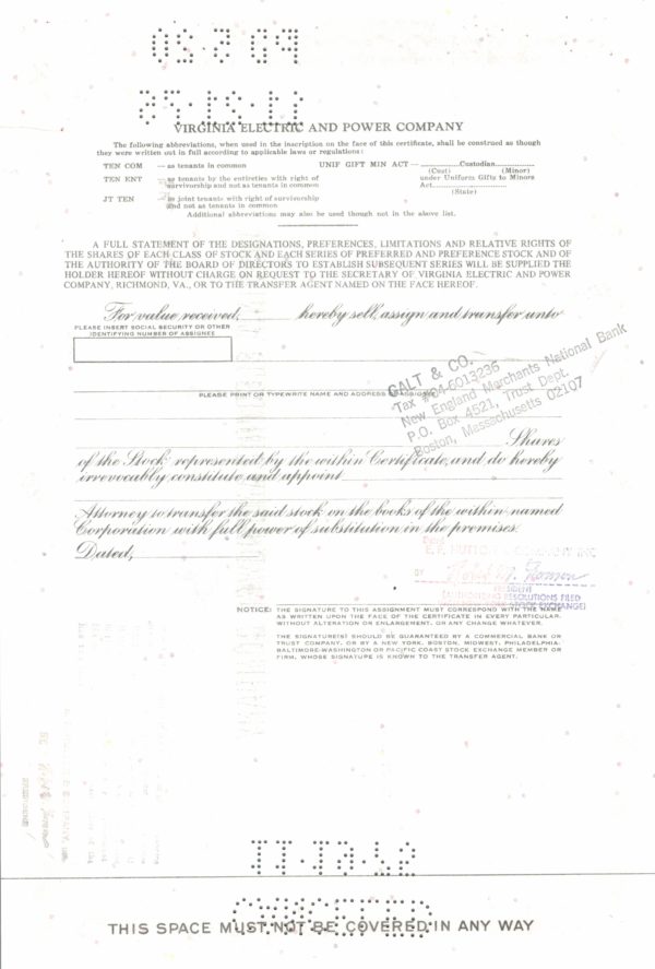 Virginia Electric and Power Company Share Certificate 1975 – 100 Shares Virginia Electric and Power Company Share Certificate 1975 – 100 Shares