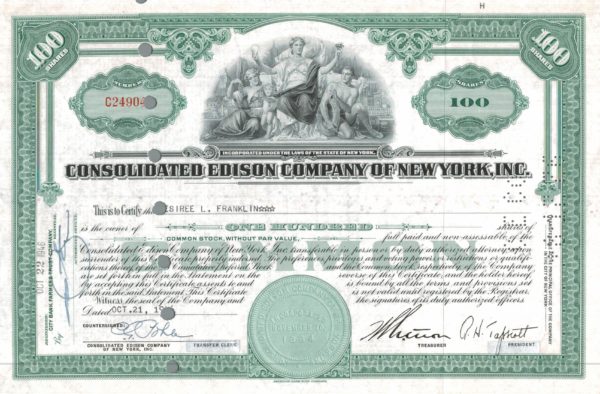 Consolidated Edison Company of New York Share Certificate 1946 – 100 Shares Consolidated Edison Company of New York Share Certificate 1946 – 100 Shares