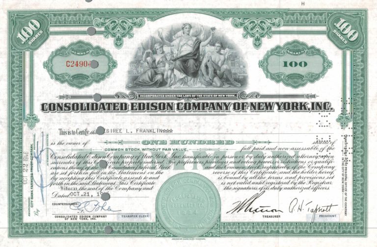 Consolidated Edison Company of New York Share Certificate 1946 – 100 Shares