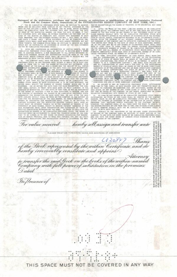 Consolidated Edison Company of New York Share Certificate 1946 – 100 Shares Consolidated Edison Company of New York Share Certificate 1946 – 100 Shares