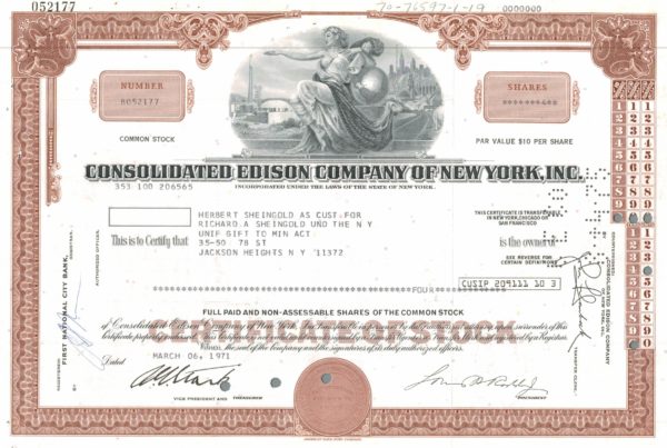 Consolidated Edison Company of New York Share Certificate 1971 – 4 Shares Consolidated Edison Company of New York Share Certificate 1971 – 4 Shares