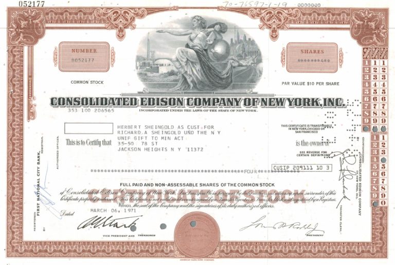 Consolidated Edison Company of New York Share Certificate 1971 – 4 Shares