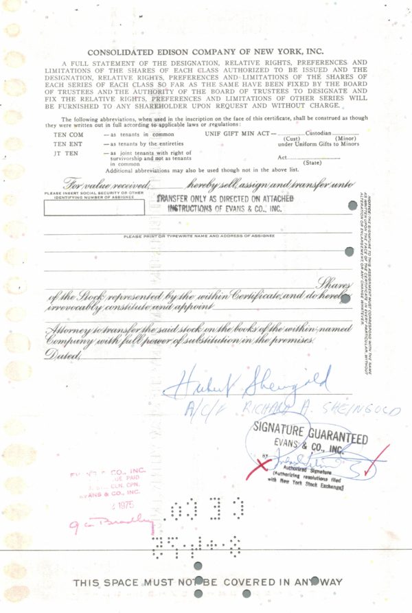 Consolidated Edison Company of New York Share Certificate 1971 – 4 Shares Consolidated Edison Company of New York Share Certificate 1971 – 4 Shares