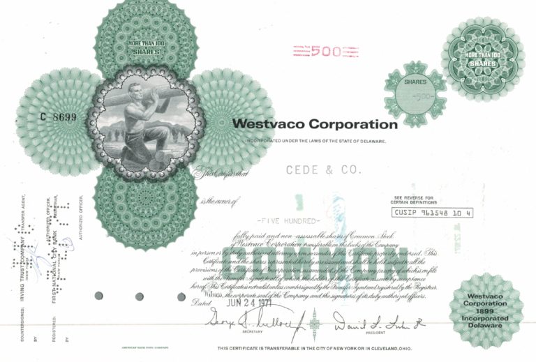 Westvaco Corporation Share Certificate 1971 – 500 Shares
