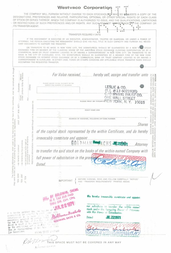 Westvaco Corporation Share Certificate 1971 – 500 Shares