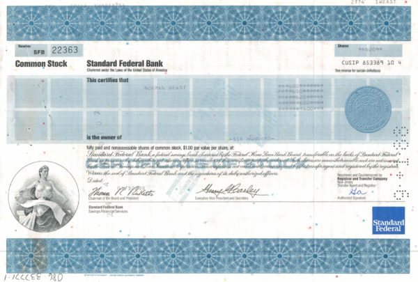 Standard Federal Bank Share Certificate 1988 – 600 Shares