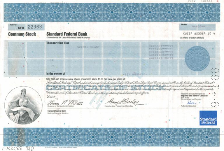 Standard Federal Bank Share Certificate 1988 – 600 Shares