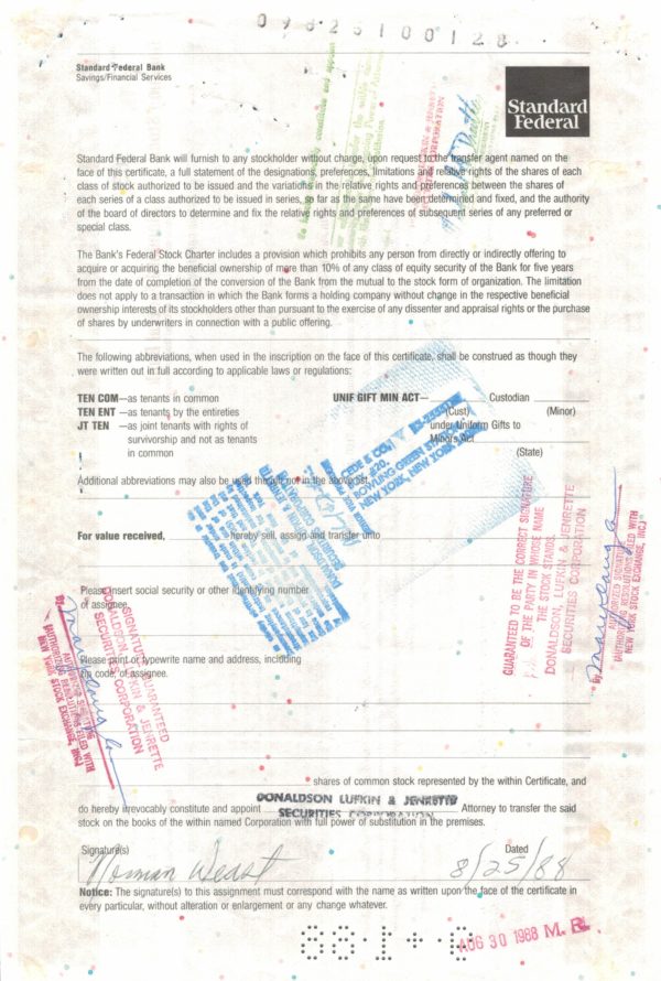 Standard Federal Bank Share Certificate 1988 – 600 Shares