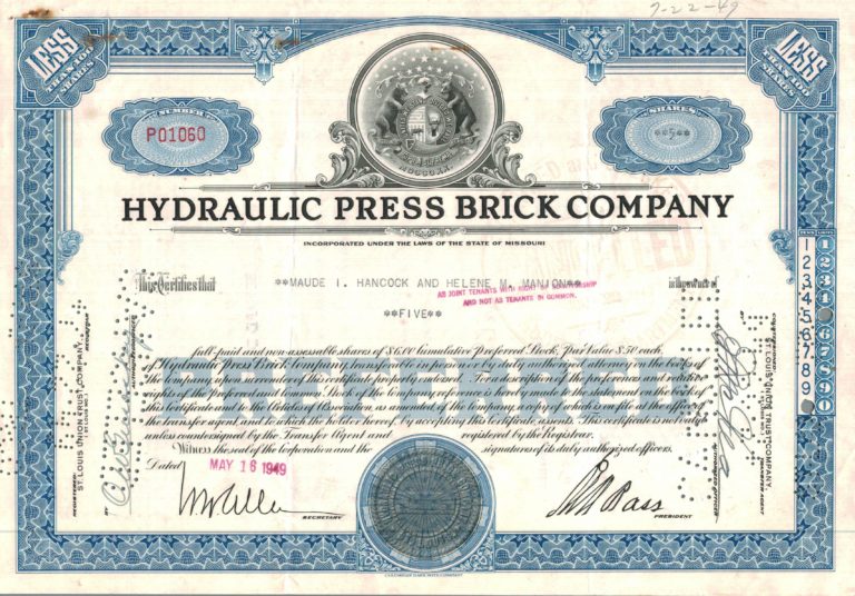 Hydraulic Press Brick Company Share Certificate 1949 – 5 Shares