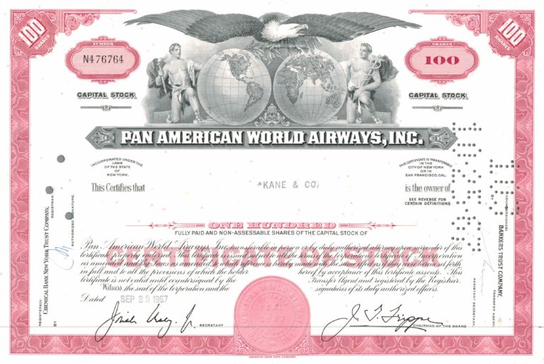 Pan American World Airways Share Certificate 1967 – 100 Shares