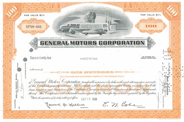 General Motors Corporation Share Certificate 1968 – 100 Shares