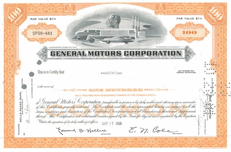 General Motors Corporation Share Certificate 1968 – 100 Shares