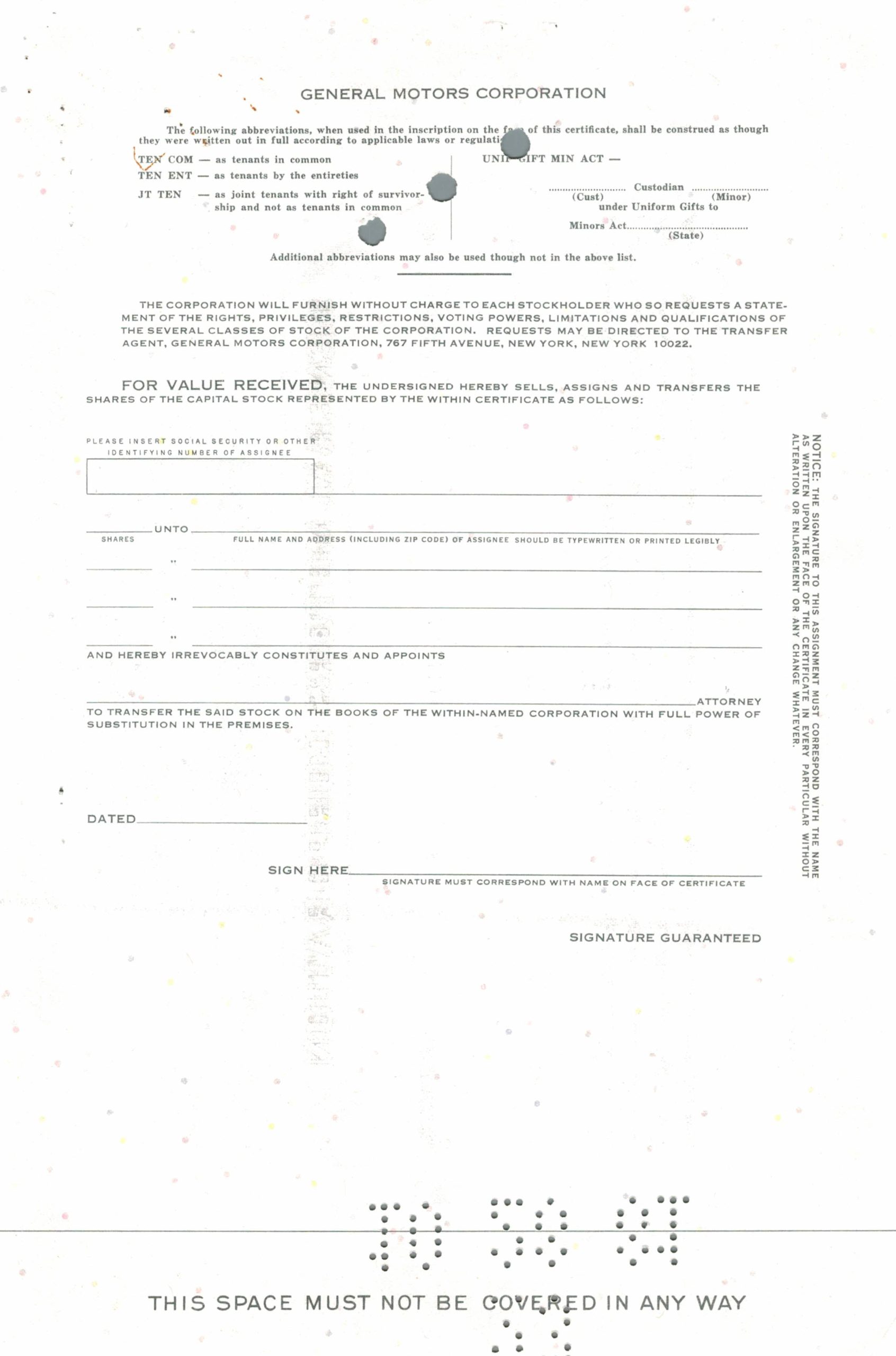 General Motors Corporation Share Certificate 1968 – 100 Shares
