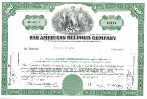 Pan American Sulphur Company Share Certificate 1968 – 100 Shares Pan American Sulphur Company Share Certificate 1968 – 100 Shares