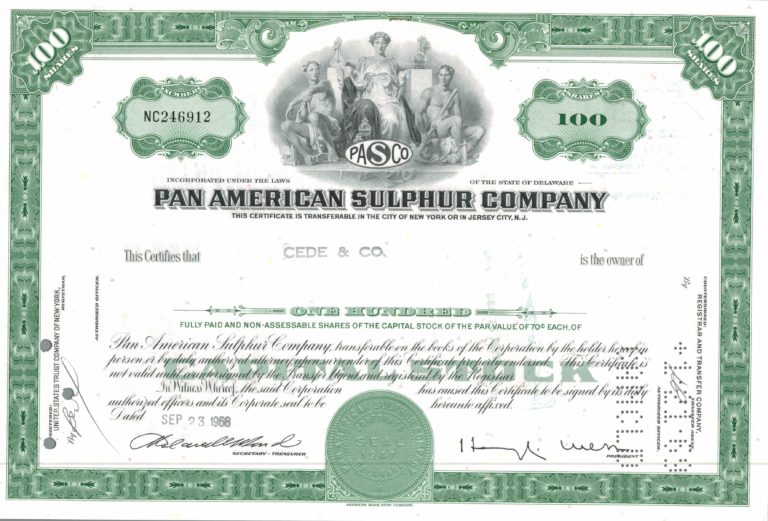 Pan American Sulphur Company Share Certificate 1968 – 100 Shares