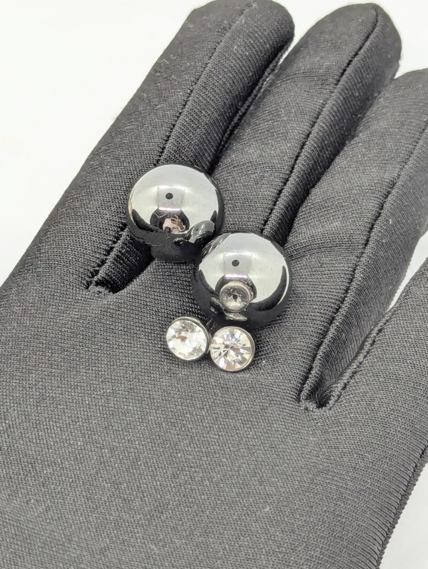 Gunmetal Double Ball Stud Earrings with Crystal Front
