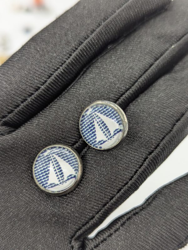 Sailboat Graphic Stud Earrings – Nautical Acrylic Dome Design Sailboat Graphic Stud Earrings – Nautical Acrylic Dome Design