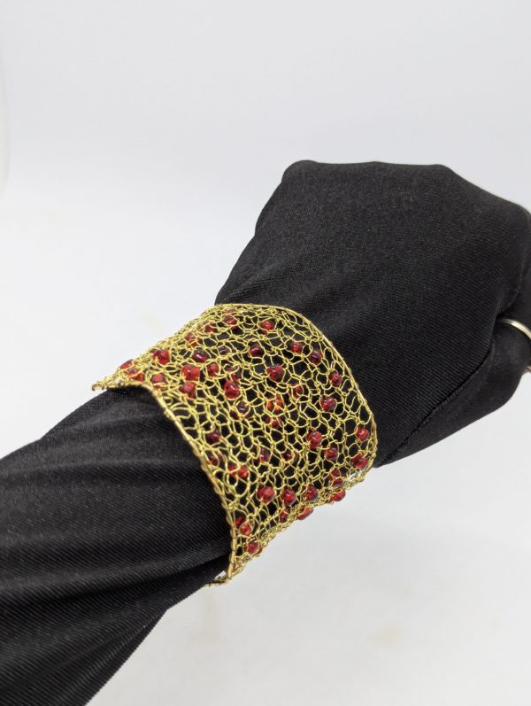 Gold Wire Mesh Cuff Bracelet with Red Beads – Handmade Boho Style