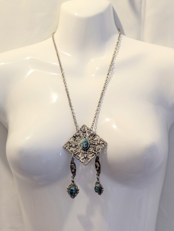 Egyptian Revival Scarab Pendant Necklace – Silver Tone, c.1970s