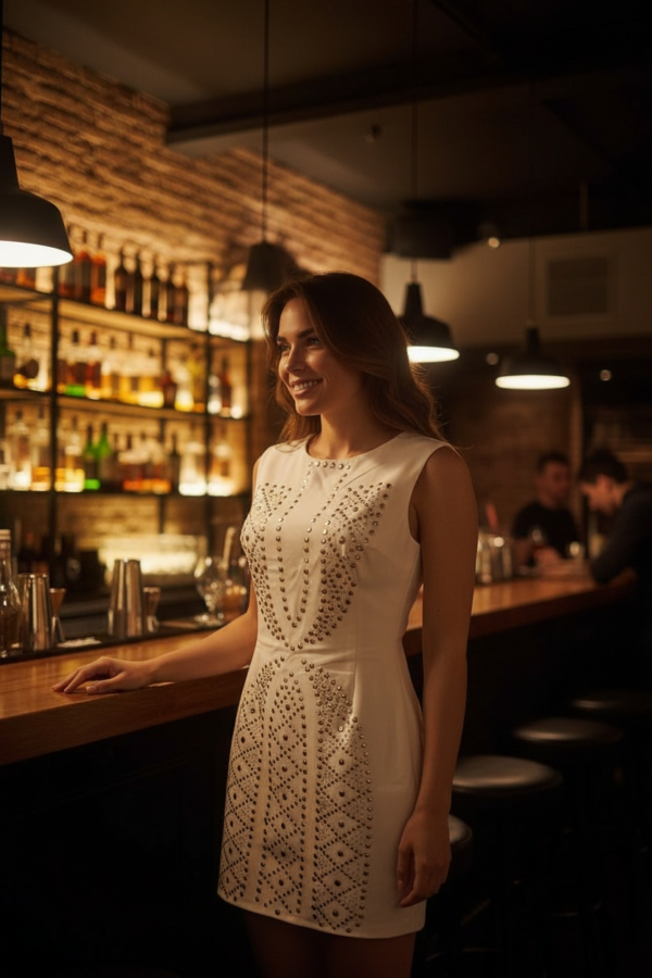 Goddess London Studded Mini Dress – Cream, UK 10