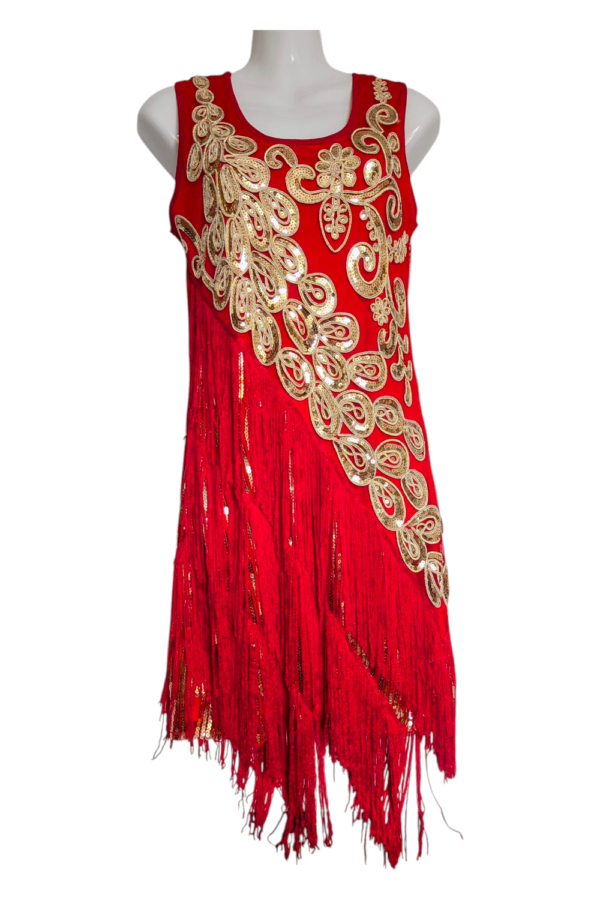 Flapper-Style Sequin Fringe Party Dress Red/Gold UK 8