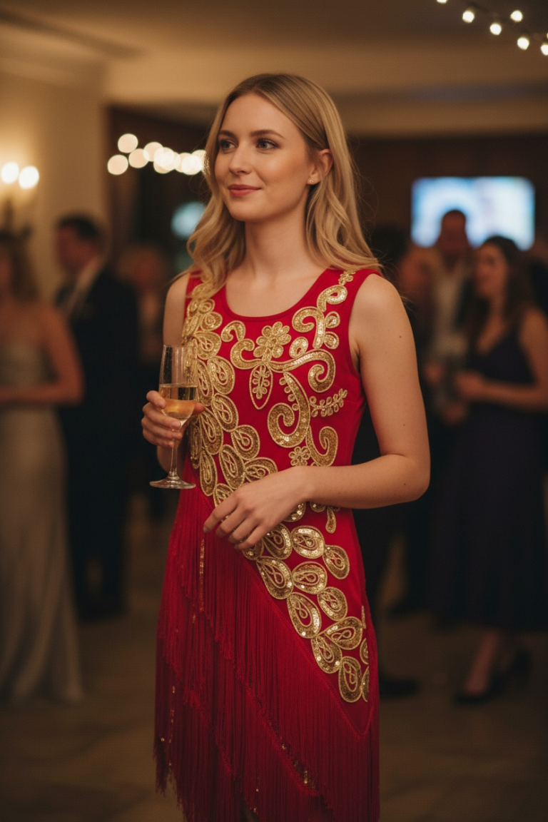 Flapper-Style Sequin Fringe Party Dress Red/Gold UK 8