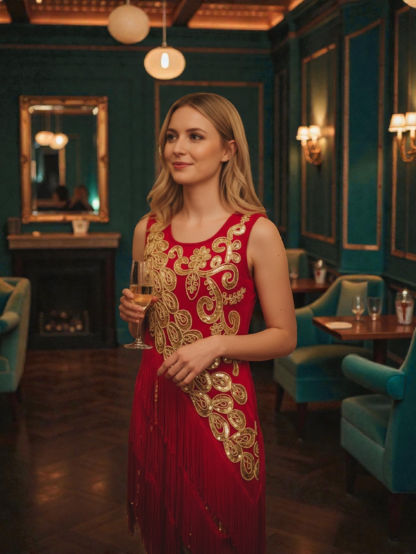 Flapper-Style Sequin Fringe Party Dress Red/Gold UK 8