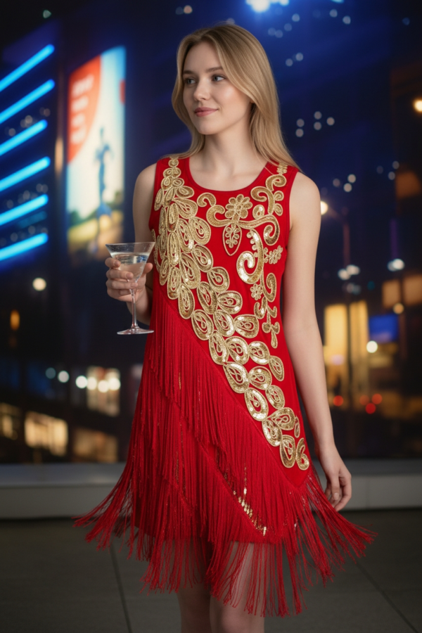 Flapper-Style Sequin Fringe Party Dress Red/Gold UK 8