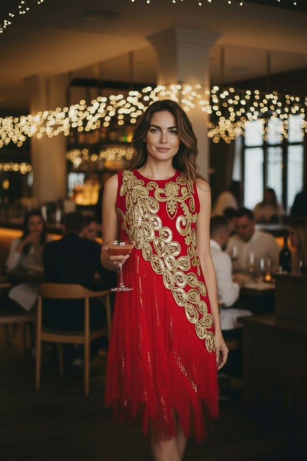 Flapper-Style Sequin Fringe Party Dress Red/Gold UK 8