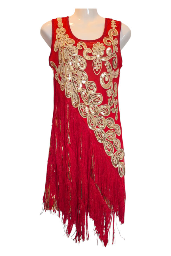 Flapper-Style Sequin Fringe Party Dress Red/Gold UK 8