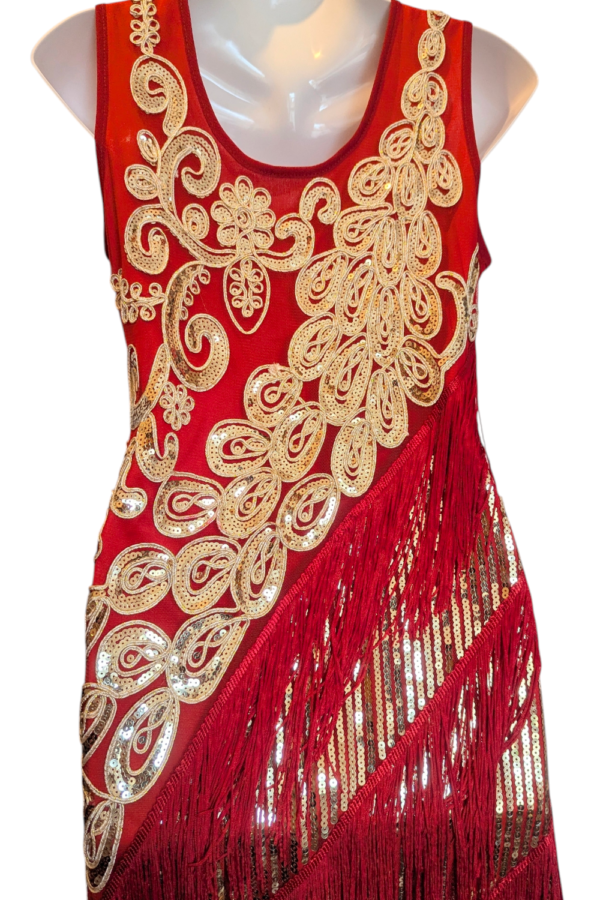 Flapper-Style Sequin Fringe Party Dress Red/Gold UK 8